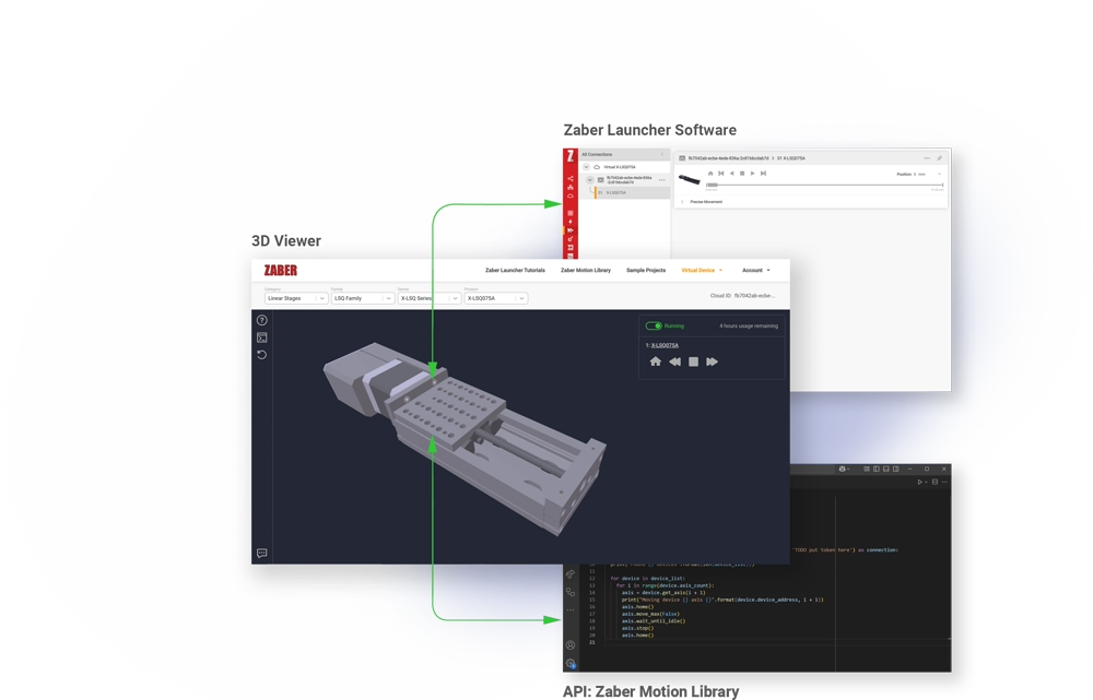 3D viewer showing a simulated Zaber device