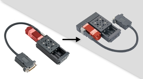 Before and after comparison of a motorized linear stage. The left shows a standard inline motor configuration, while the right shows a space-saving parallel motor configuration alongside the stage.