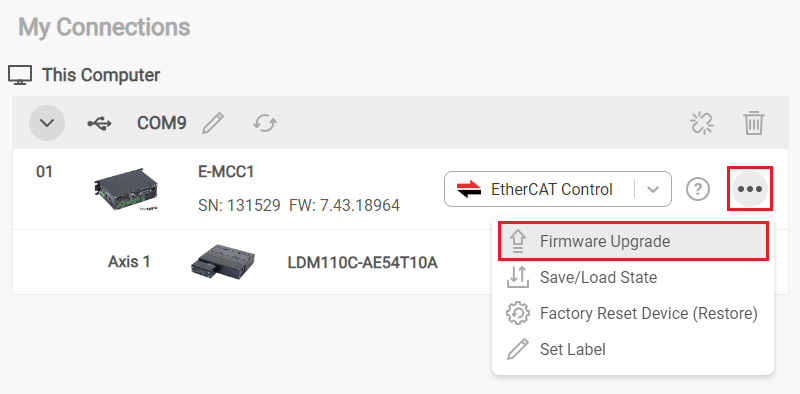 Zaber Launcher Firmware Upgrade Button