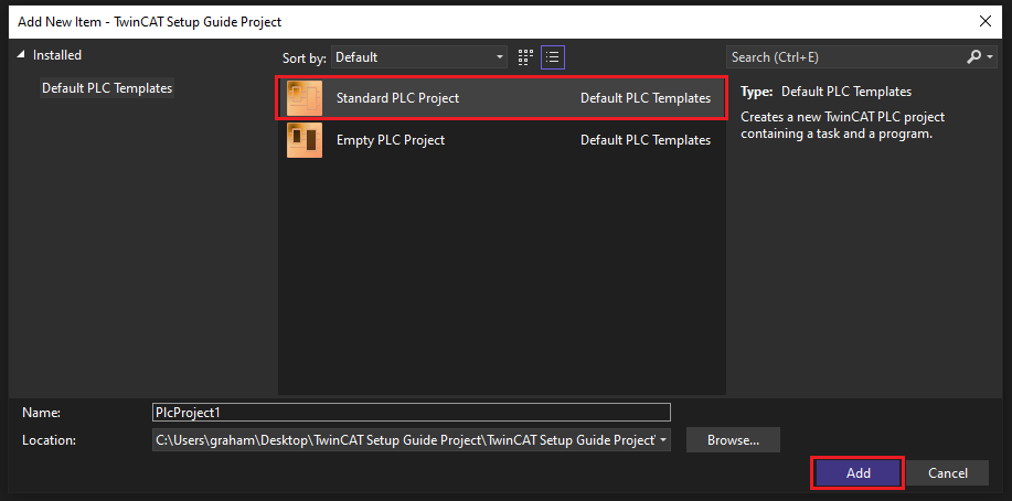 Add New PLC Project Dialog
