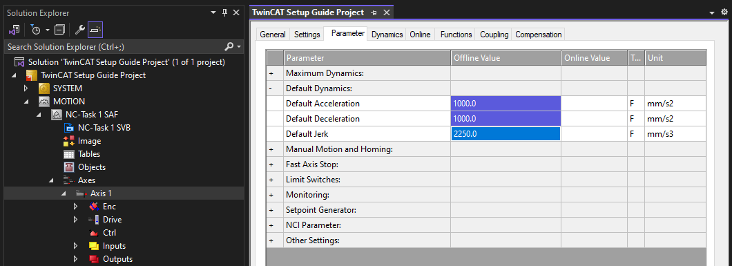 NC Axis Default Dynamics Settings
