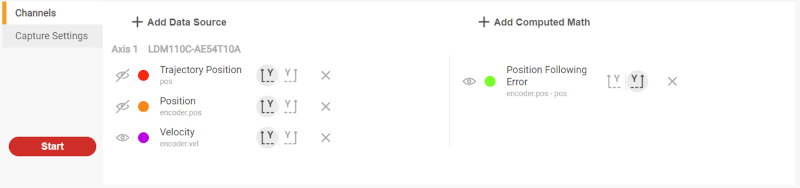 Oscilloscope capture settings in Zaber Launcher