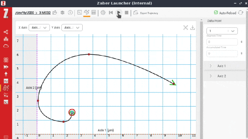 Executing motion along a generated PVT trajectory with Zaber Launcher