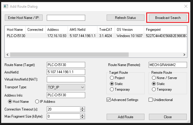 Add Route Broadcast Search Button