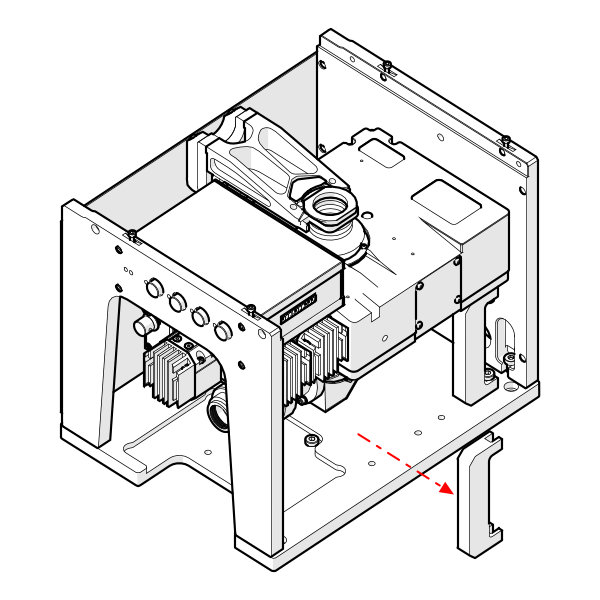 Loosen the two M6 screws using a 4 mm hex key and remove the indicated FCR support leg.
