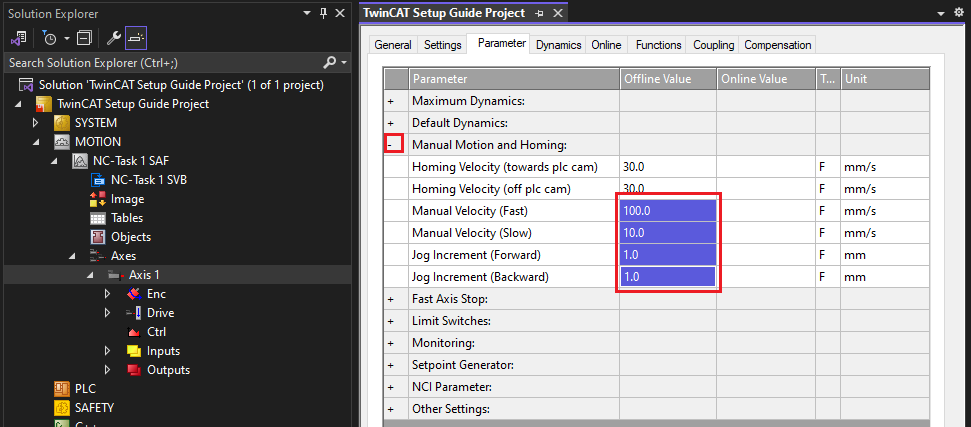 NC Axis Manual Motion Settings