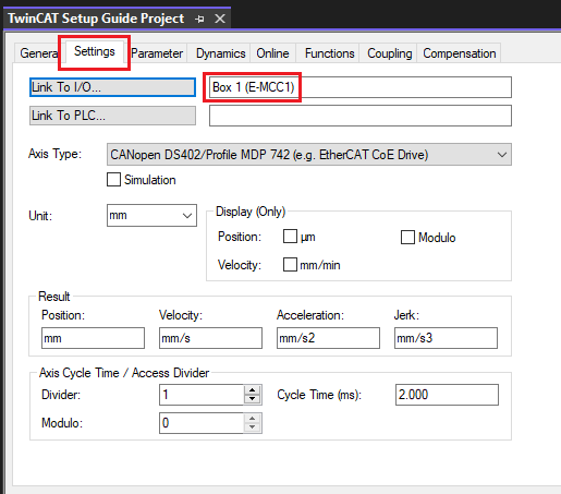NC Axis Settings Tab
