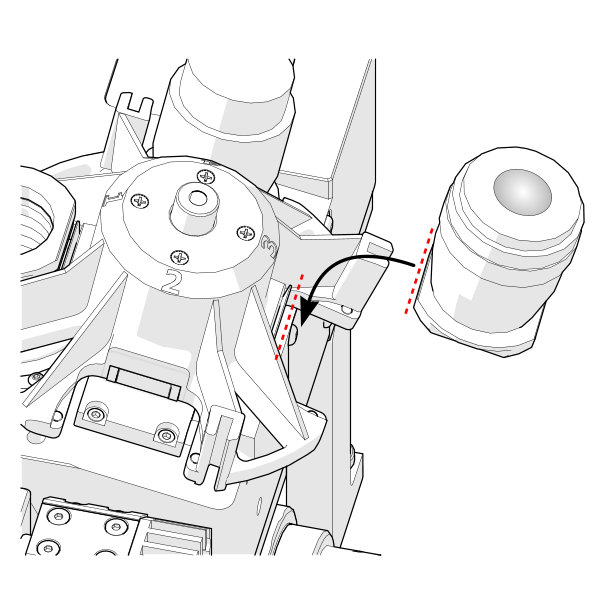 Place the objective into an empty position on the objective carousel. The flat edge of the adaptor ring should line up with the flat edge of the objective mount.