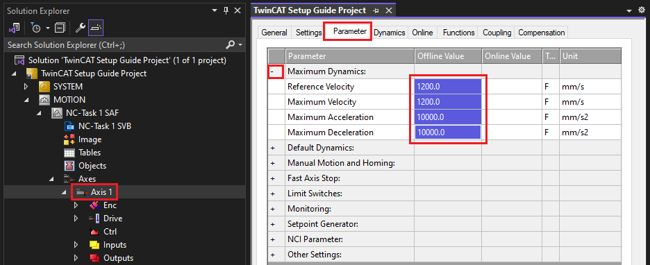 NC Axis Maximum Dynamics Settings