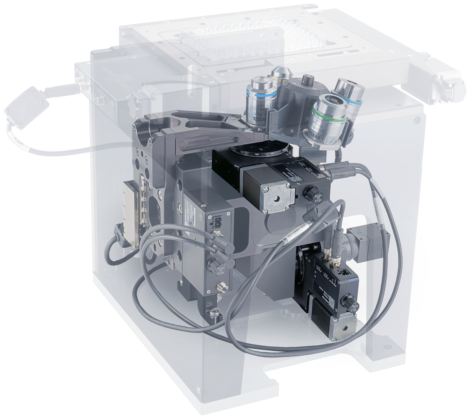 A Zaber Nucleus inverted microscope with motorized polarizing filters mounted