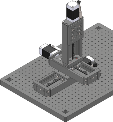 Attach the Z-axis stage over the Y-axis using the two provided M3 screws and a 2.5 mm hex key. The stage can be rotated 90 degrees to overhang the Y-axis stage. If desired, the machinist's square can be used for better rotational alignment.