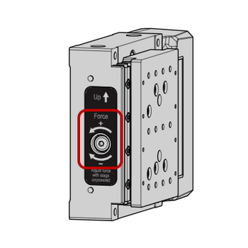 Adjust the counterbalance force by rotating the 2 mm hex screw on the side of the stage. Adjust the force until the payload is neutrally balanced.