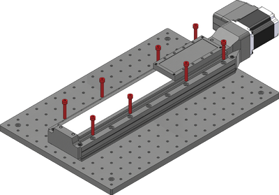 Loosely attach the X-axis stage on a breadboard or other mounting surface using the eight provided black M6 screws and a 5 mm hex key. Where possible, space fasteners out equally and place fasteners at each end of travel.