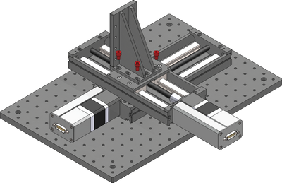 Loosely attach the provided AB151 Z-axis bracket over the Y-axis using the six provided M6 screws and a 5 mm hex key. The bracket can be mounted in the orientation shown, or rotated 90 degrees to overhang the Y-axis stage.