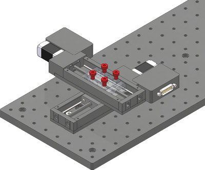 Loosely attach the Y-axis stage over the X-axis using the four provided stainless steel M6 screws and a 5 mm hex key (The 25 mm travel model will only use two). The Y-axis stage should be mounted so that the travel is centered on the X-axis. The system specifications and load ratings are provided assuming a centered mounting. If mounted elsewhere, the stiffness of the system will change, and in some cases loads may exceed the lower stage's carrying capacity.