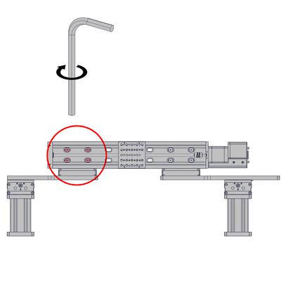 When the X-axis stages are aligned well, tighten the four screws connecting the second AB208 to the Y-axis stage. Leave the screws connecting the AP200 part 2 to the X-axis stage loose for now.