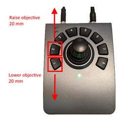Buttons 1 and 2 on the joystick are configured to quickly raise and lower the objective holder by 20 mm for objective changes. To ensure the new objective ends up at the correct focal height, use only these buttons to move the objective holder during an objective change.