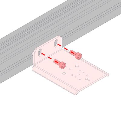 Install the AP235 (standard orientation) or AP239 (inverted orientation) supports using 2 x M6 x 14 screws and the 5 mm hex key. Slide the supports along the extrusion to the desired locations, then tighten the fasteners.