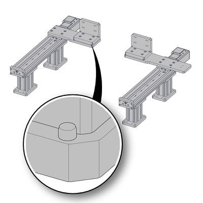 Mount the two AB208 brackets to the AP200 part 1 and part 2. Align the AB208 to the AP200 dowel pins and firmly tighten the provided mounting screws using a 4 mm hex key. The AB208 brackets can be mounted in two orientations, depending on the desired mounting for the Y-axis stage. Only one orientation is shown here.