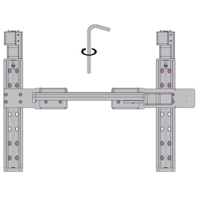 Move the X-axis stages to expose the mounting screws at the home end of X-axis travel. Firmly tighten the screws at the home end of X-axis travel. The X & Y axes should now be aligned and secure. To confirm that the stages move well, home the lockstep group in Zaber Launcher, then move the X-axis and Y-axis stages throughout their travel ranges using either Zaber Launcher or the manual control knobs. See Troubleshooting if stages are not moving well together.