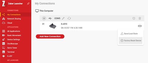 Options and settings on the joystick tab