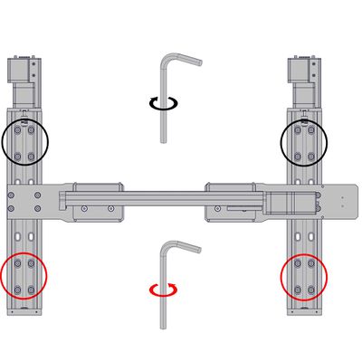 Snug the mounting screws that are now accessible near the home positions for the X-axis travel. Loosen the screws at the far end of the X-axis travel.