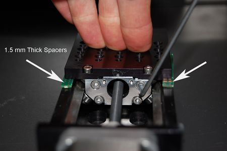 3. Insert 1.5 mm spacers into the gap between the stage top and base. This sets the correct height and parallelism of the stage top. Pushing down on the stage top, tighten the four screws on each end plate (2.0 Nm).