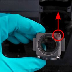 Insert the filter cube (sold separately), ensuring the alignment mark is on the top side of the filter cube. Gloves are recommended when handling optical components to avoid marking surfaces with fingerprints.