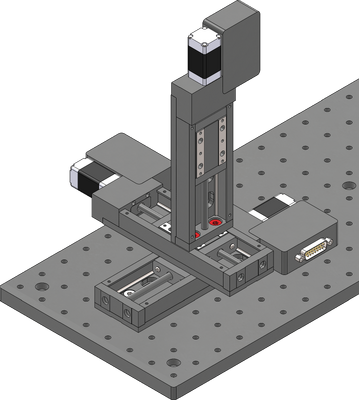 Attach the Z-axis stage over the Y-axis using the two provided M6 screws and a 5 mm hex key. The stage can be rotated 90 degrees to overhang the Y-axis stage. If desired, the machinist's square can be used for better rotational alignment.