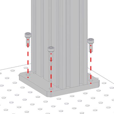 Loosely mount AP203 risers to a breadboard or other mounting surface using M6 x 16 screws (the shorter of the provided screws) and a 5 mm hex key. Install screws until snug, then back off a little to allow alignment. Repeat until all screws are present. You may wish to leave the risers loose or just snug until complete assembly is done, then loosen and re-align as needed.