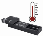 Thermometer icon above a linear stage indicating temperature effects