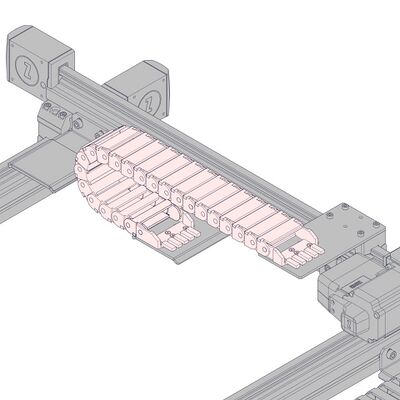 Install the cable guide by attaching the terminations to the mid-travel AP235 or AP239 support, and to the moving support (AP238, AP245, AP246 or AP247, depending on the number of carriages). See CG Cable Guide and Cable Assembly for details on assembling the cable guides and Cable Management for important information on securing cables.