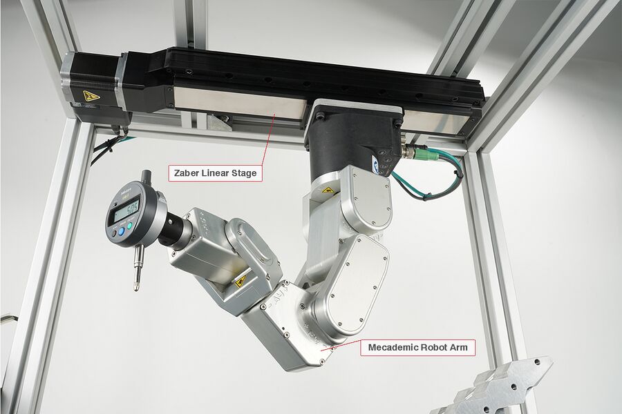 Mecademic Meca500 robot arm with a Zaber LRT 7th axis stage mounted upside-down