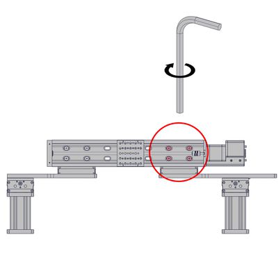 On the side with the longer AP200 crossmember plate, push the Y-axis stage firmly against the two AB208 bracket dowels and the back of the AB208. Tighten the M6 screws between the AB208 on this side and the Y-axis stage. Leave the screws between the other AB208 bracket and the Y-axis stage loose for now.