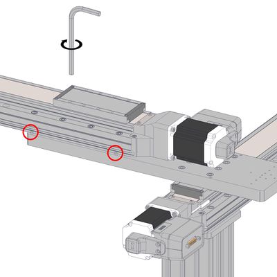 With screws still loose, push the Y-axis stage firmly against the two dowels on the AP201 part 1 (the longer plate). With both dowels in contact, firmly tighten the M6 screws between the AP201 part 1 (larger plate) and the Y-axis stage. Important: Do not loosen these screws again - they provide the alignment between X- and Y-axes.