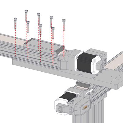 Using eight of the M6 x 35 screws with the AP201, loosely assemble the Y-axis stage to the AP201 part 1 (the longer plate).