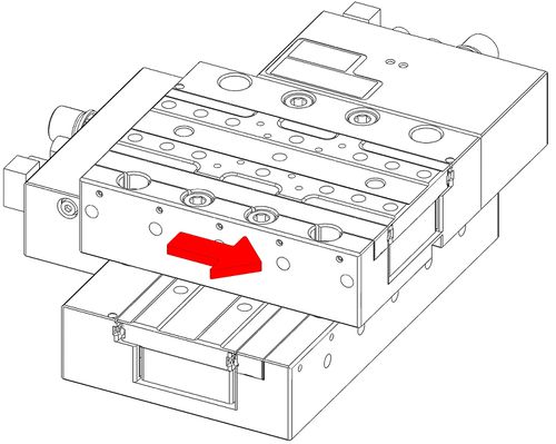 4. Push the base of the upper-axis stage along the axis of travel, towards its controller, to align it with the dowel pins on the lower-axis stage. Tighten the M6 screws while ensuring the stage alignment does not shift.