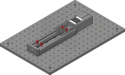 Loosely attach the X-axis stage on a breadboard or other mounting surface using the four provided stainless steel M6 screws and a 5 mm hex key. Move the carriage as necessary to access mounting slots. Where possible, space fasteners out equally and place fasteners at each end of travel.