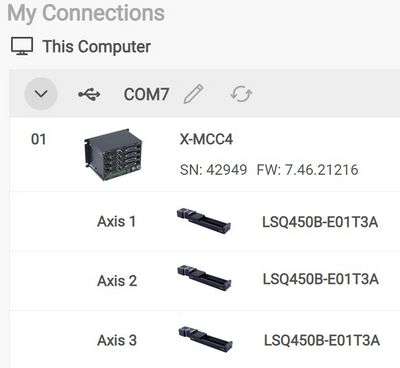 Open Zaber Launcher. Confirm that three stages are detected and activated. If a stage is not activated, an "Activate" button will appear next to it. See the X-MCC manual for more information on activating peripherals and setup.