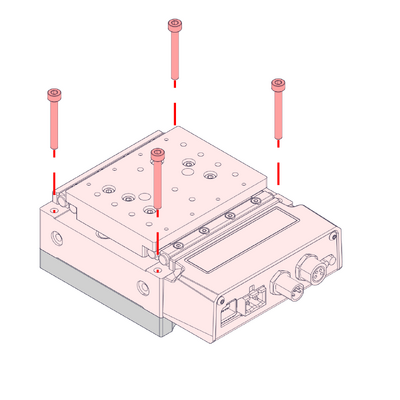 Attach the X-axis DMA using 4x M3x25 mm screws and a 2.5mm hex key. Align the stage as desired, then firmly tighten down all fasteners.