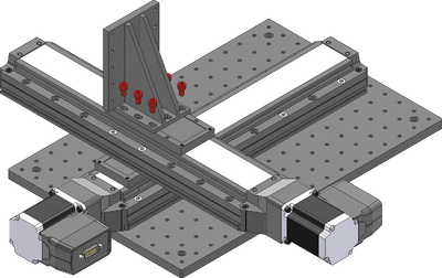 Loosely attach the provided AB151 Z-axis bracket over the Y-axis using the six provided M6 screws and a 5 mm hex key. The bracket can be mounted in the orientation shown, or rotated 90 degrees to overhang the Y-axis stage.