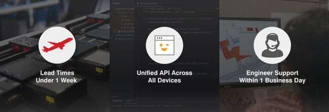 Three Zaber advantages: lead times under one week, a unified API across all devices, and engineer support within one business day