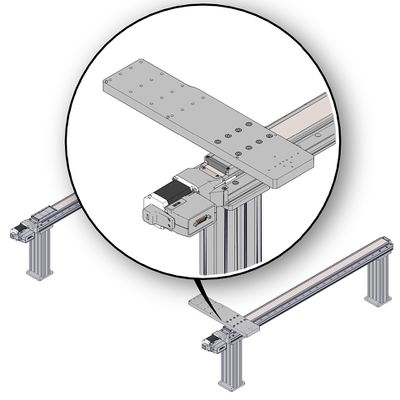 Loosely mount AP201 part 1 (longer of the two plates) on the X-axis 1 stage using a 5 mm hex key and eight of the provided M6 x 20 screws (the shorter of the two provided lengths). Note: X-axis 1 is the stage closest to the controller and cable guide. Note: The following steps show one orientation for the X- and Y-axis stages, but it is possible to assemble in other orientations.