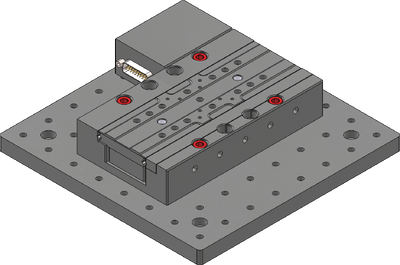 Attach the X-axis stage on a breadboard or other mounting surface using up to eight of the provided M6x30mm screws and a 5 mm hex key. Where possible, place fasteners at each end of travel. Align the stage to your desired point of interest, then firmly tighten down all fasteners mounting the X-axis stage.
