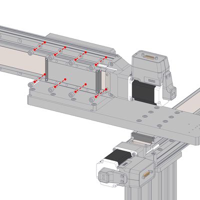 Ensure you have mounting screws handy and extra people to support the Y-axis stage during this step. Place the Y-axis stage against the AB209 brackets, resting on the AB209 alignment dowels. Loosely fasten the Y-axis stage to one AB209 upright plate, on the X-axis 1 side (with the longer AP201 plate) using M6 x 35 mm screws. Snug the screws down when all screws are in place.