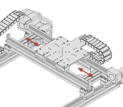 Place the extrusions and corner brackets in place as shown. The preferred placement is towards either extend of travel of the Y-axis but you may adjust this to best suit your application. Move the quad carriage assembly near the connector assembly. Allow the carriage to correctly space the Y-axis rails and tighten the corner bracket fasteners.
