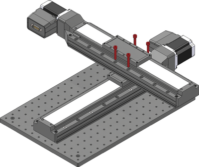 Loosely attach the Y-axis stage over the X-axis using the four provided black M6 screws and a 5 mm hex key. The Y-axis stage should be mounted so that the travel is centered on the X-axis. The system specifications and load ratings are provided assuming a centered mounting. If mounted elsewhere, the stiffness of the system will change, and in some cases loads may exceed the lower stage's carrying capacity.