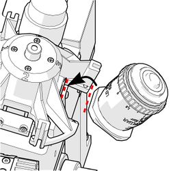 For the X-MOR4 objective changer: line a flat edge on the adapter ring up with the flat edge on the magnetic adapter ring. Load the objective into objective pocket in the carousel. Repeat for the next objectives.