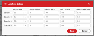 Enter the magnification of each of your objectives using the drop down menu. Select the closest magnification to that of your objective. It is OK if the selected magnification does not match perfectly. Please contact Zaber support for more detailed guidance before adjusting control loop parameters, or AF sensor exposure or SNR settings.