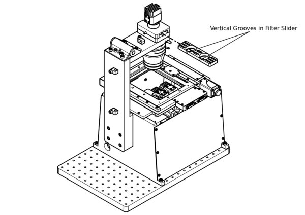 If required, install the filter slider by sliding it into the filter slot as shown. The two vertical grooves in the slider should be facing the back of the microscope as shown.